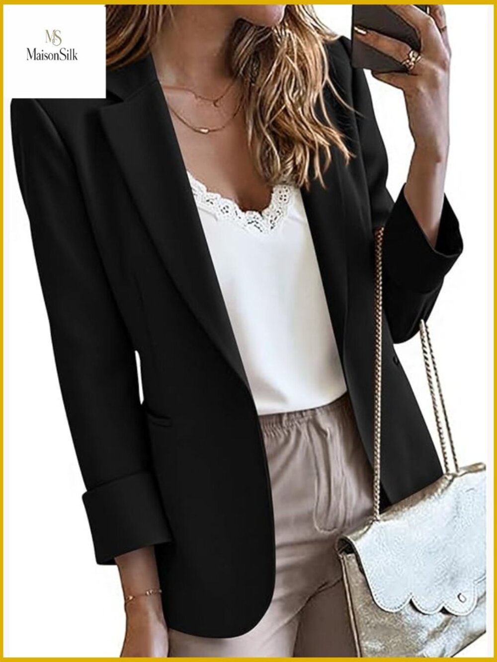 Long Sleeve Open Front Blazer, Notch Lapel, Two Pockets, Lightweight Polyester
